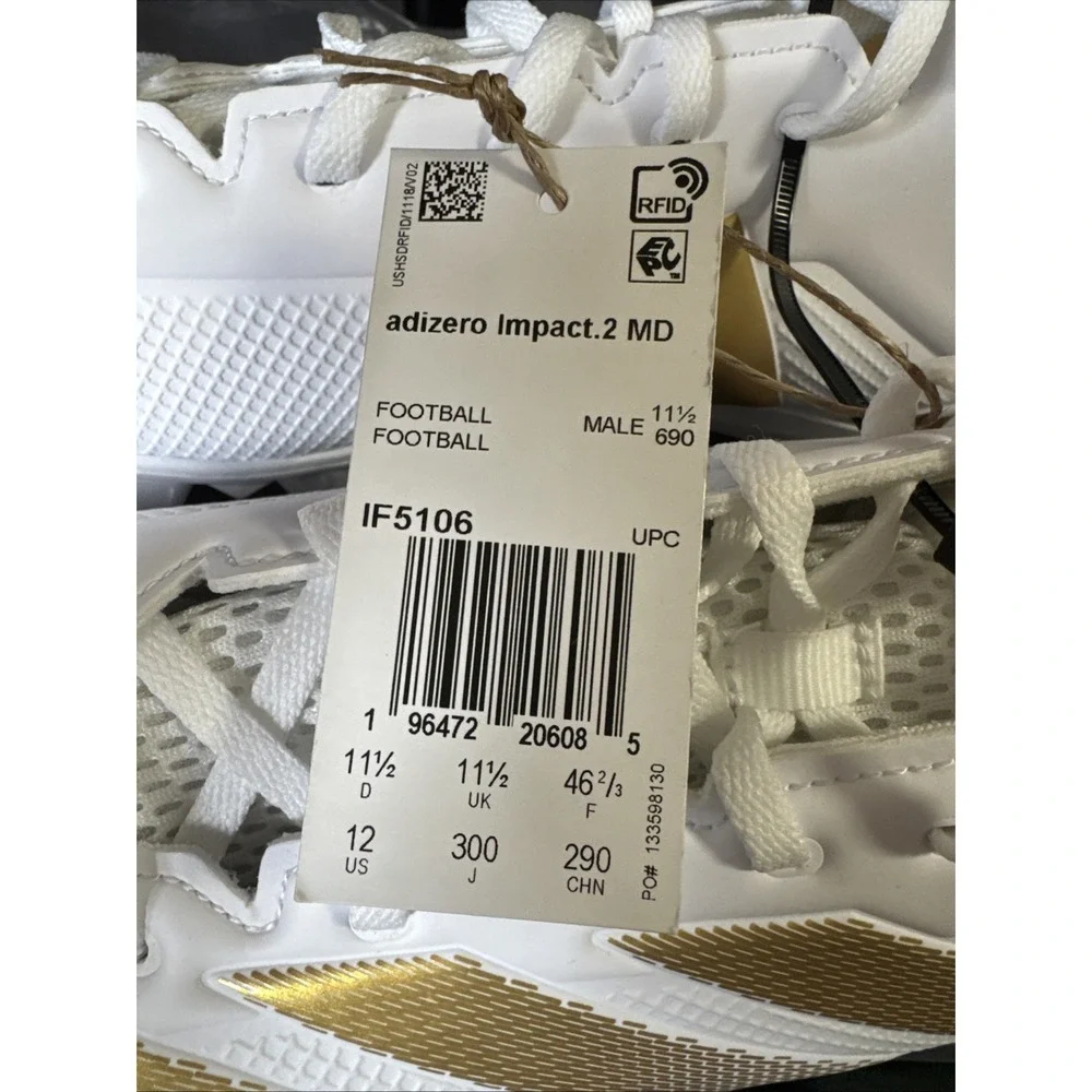 NEW! Adidas Adizero Impact.2 Men Wite/ Gold Football Cleats Sz 12 IF5106